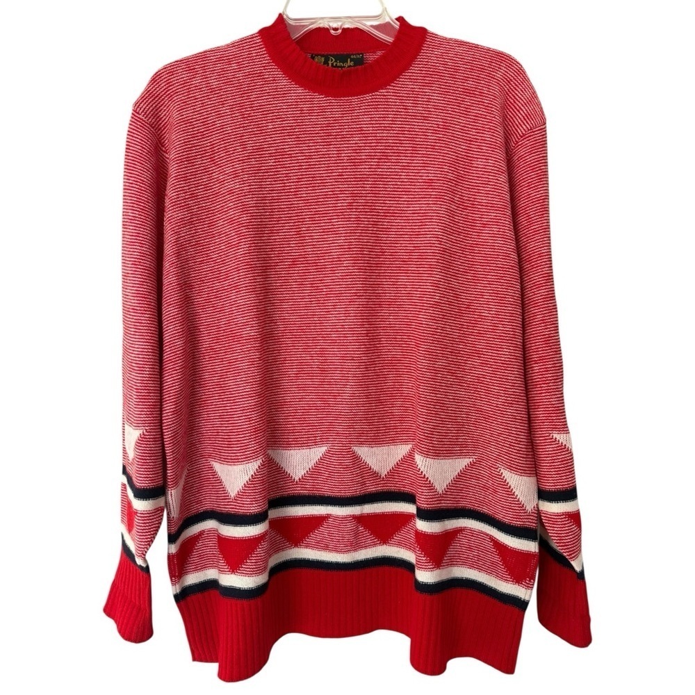 Vintage Pringle of Scotland Striped Geometric Wool Sweater Size Large Red 70s